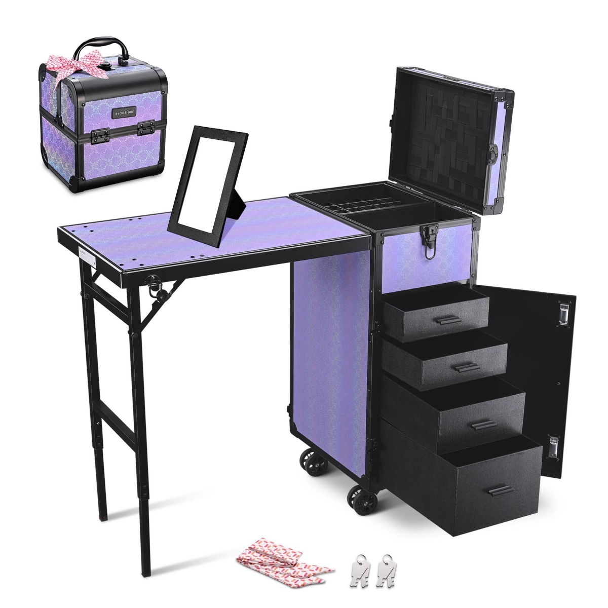 Byootique Portable Rolling Nail Table Kit with Makeup Train Case Aluminum Purple