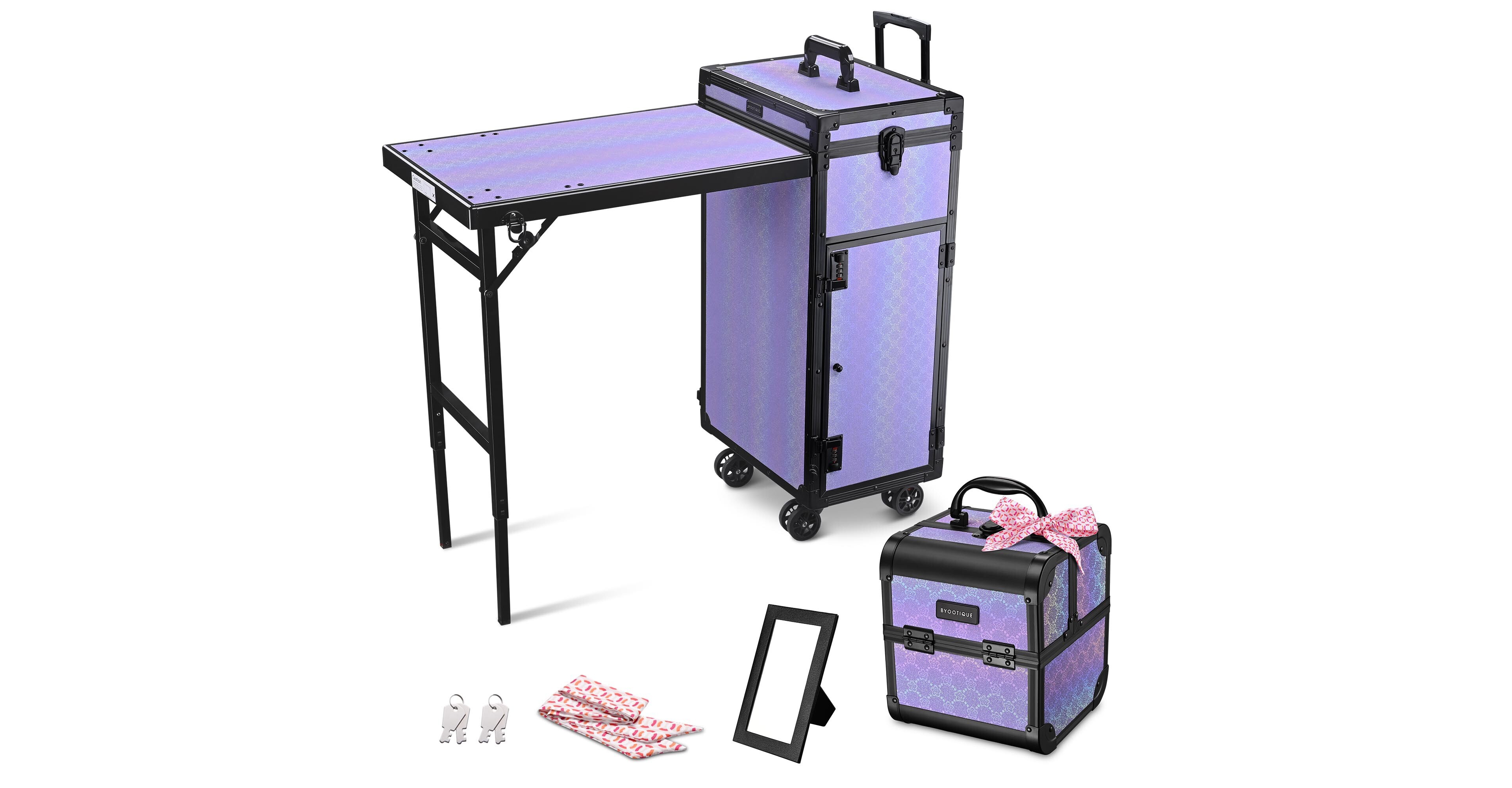 Byootique Portable Rolling Nail Table Kit with Makeup Train Case Aluminum Purple