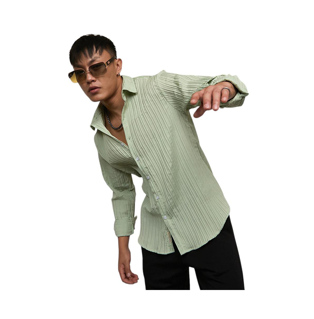 Men's Sage Green Self-Design Striped Shirt - Green