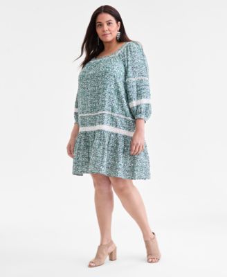 Style & Co - Plus Size Cotton Floral Lace-Trim 3/4-Sleeve Dress