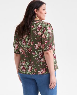 Plus Size Floral Printed Puff-Sleeve Blouse