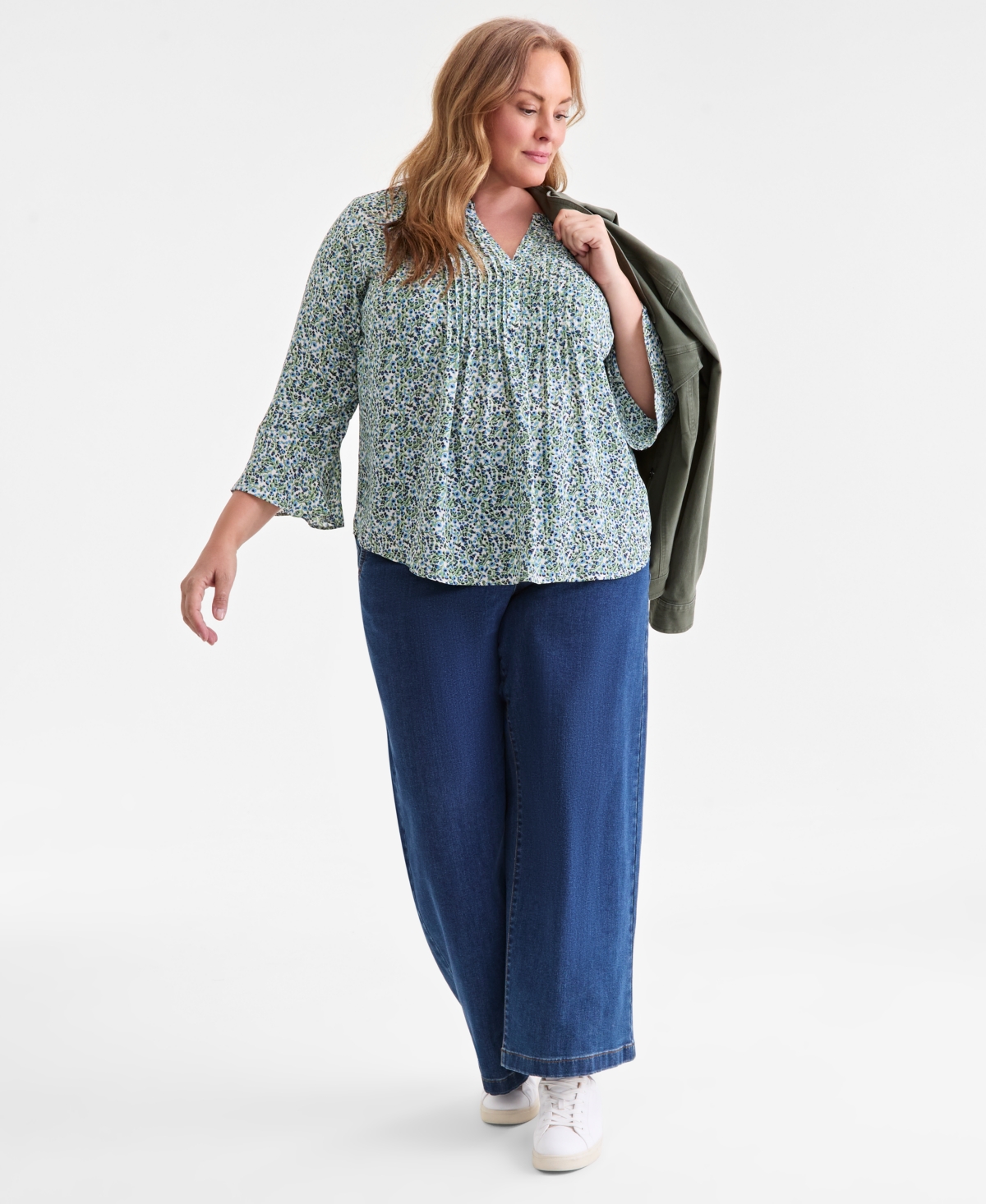 Style & Co Plus Size Printed Pintuck V-neck Top, Macy's Exclusive In Blue