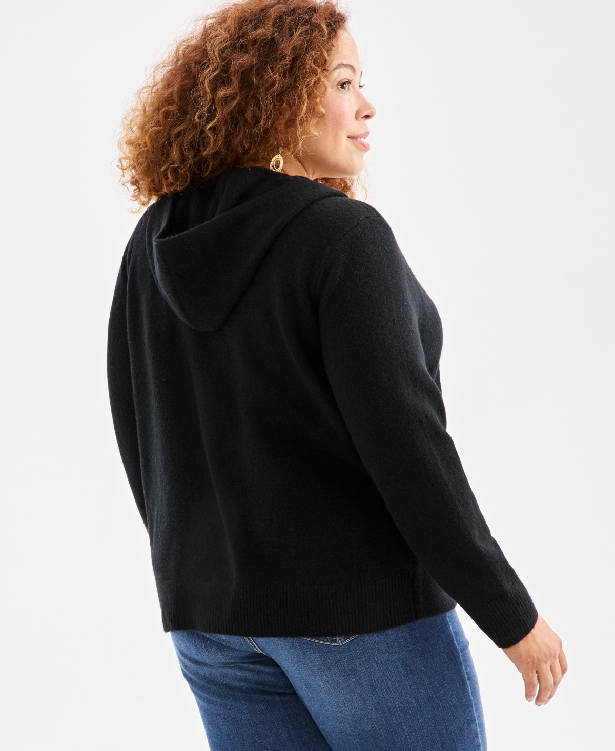 Style & Co Plus Size Zip-front Hooded Sweater, Macy's Exclusive In Black