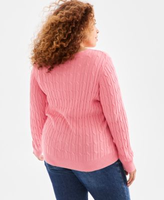 Plus Size Cotton Cable-Knit V-Neck Sweater, Macy's Exclusive