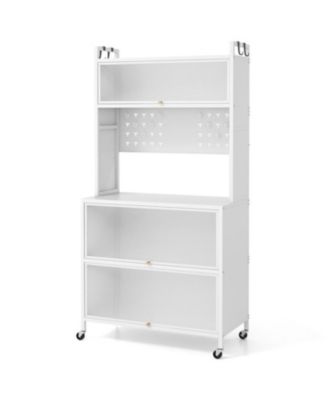 5 Tier Kitchen Bakers Rack with Lights Multifunctional Microwave Stand with Flip Door Cabinets