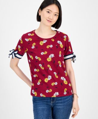 Women's Daisy-Print Tie-Sleeve Top