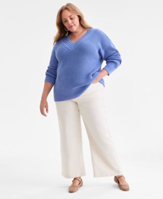Plus Size V-Neck Stitch Detail Sweater, Macy's Exclusive