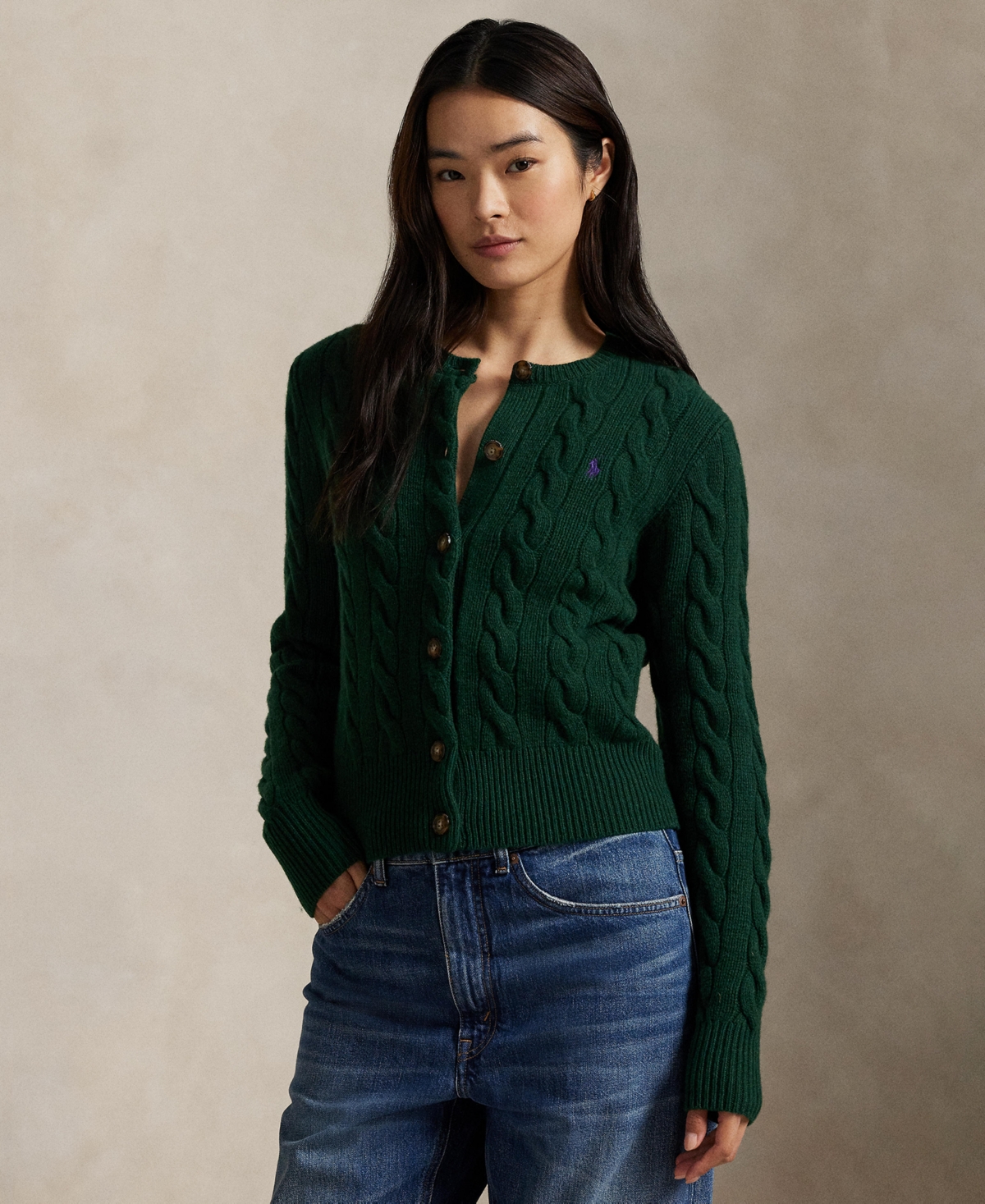 Polo Ralph Lauren Wool And Cashmere Cable-knit Cardigan In Green