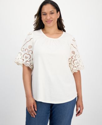 Style & Co - Plus Size Crewneck Eyelet-Short-Sleeve Top