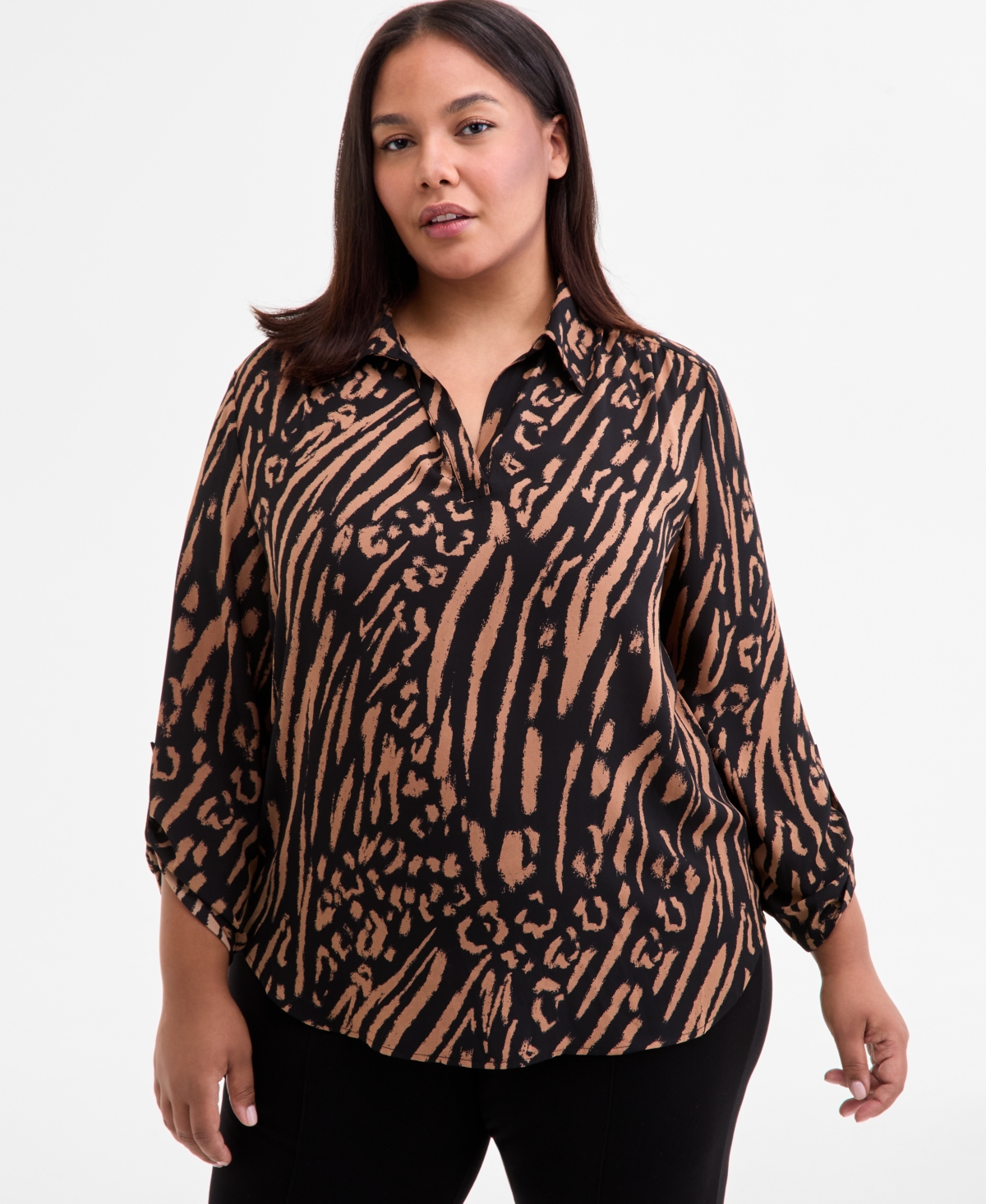 Ak Anne Klein Plus Size Printed Roll-tab Blouse In Brown