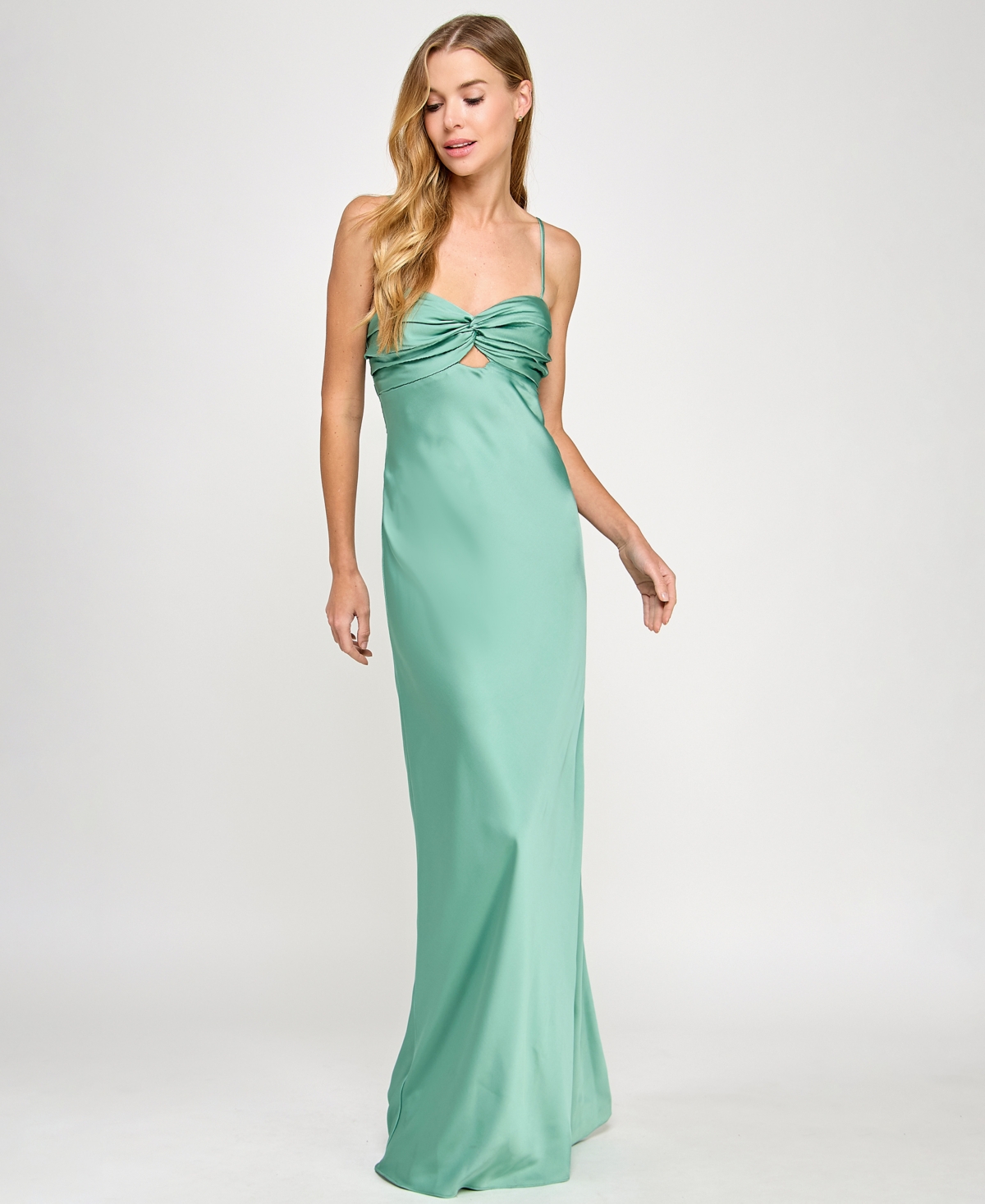 Juniors' Satin Tiered Cowl-Neck Gown - Dusty Sage