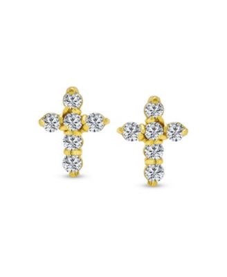 Petite Religious CZ Cross Stud Earrings in Gold Plated Sterling Silver