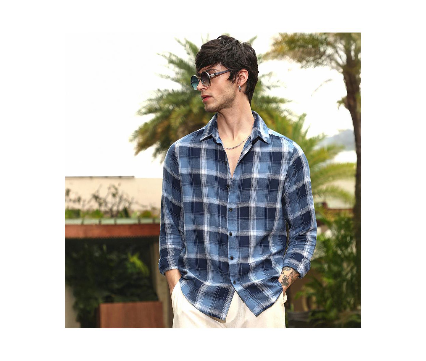 Мужская рубашка Cahoot Campus Sutra Navy Blue & Off-White Multi-Checkered, цвет: Синий — фото 5