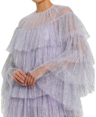 Women's High Neck Tiered Ruffle Pearl Beaded Cape Dress