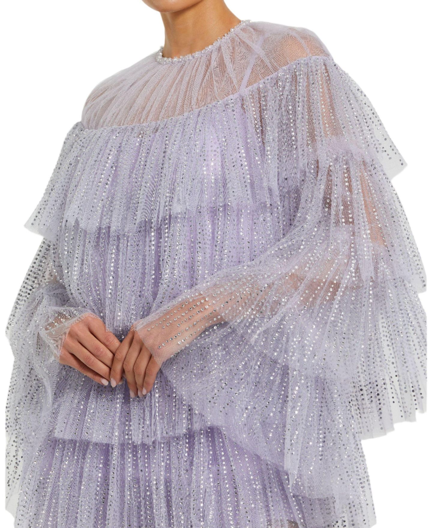 Женское платье Mac Duggal High Neck Tiered Ruffle Pearl Beaded Cape, цвет: Сиреневый — фото 3