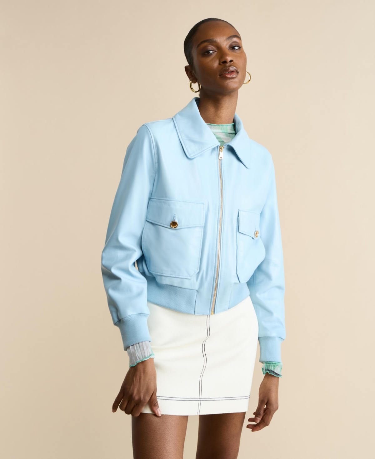 Women's Leather Bomber Jacket, Created For Macy's - Light blue