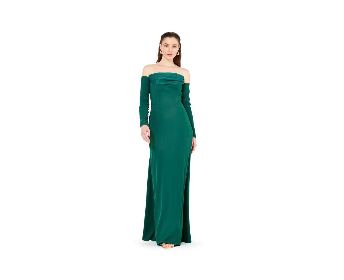 Women's Off-The-Shoulder Pleat Drape Gown - Green