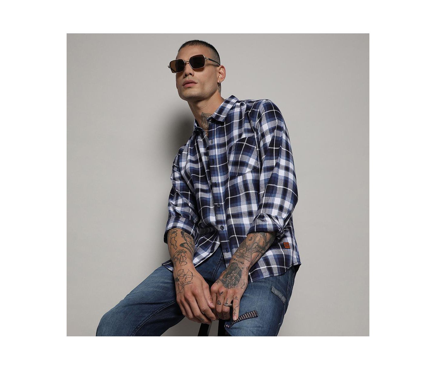 Мужская рубашка Cahoot Campus Sutra Navy Blue Tartan Plaid, цвет: Синий — фото 4