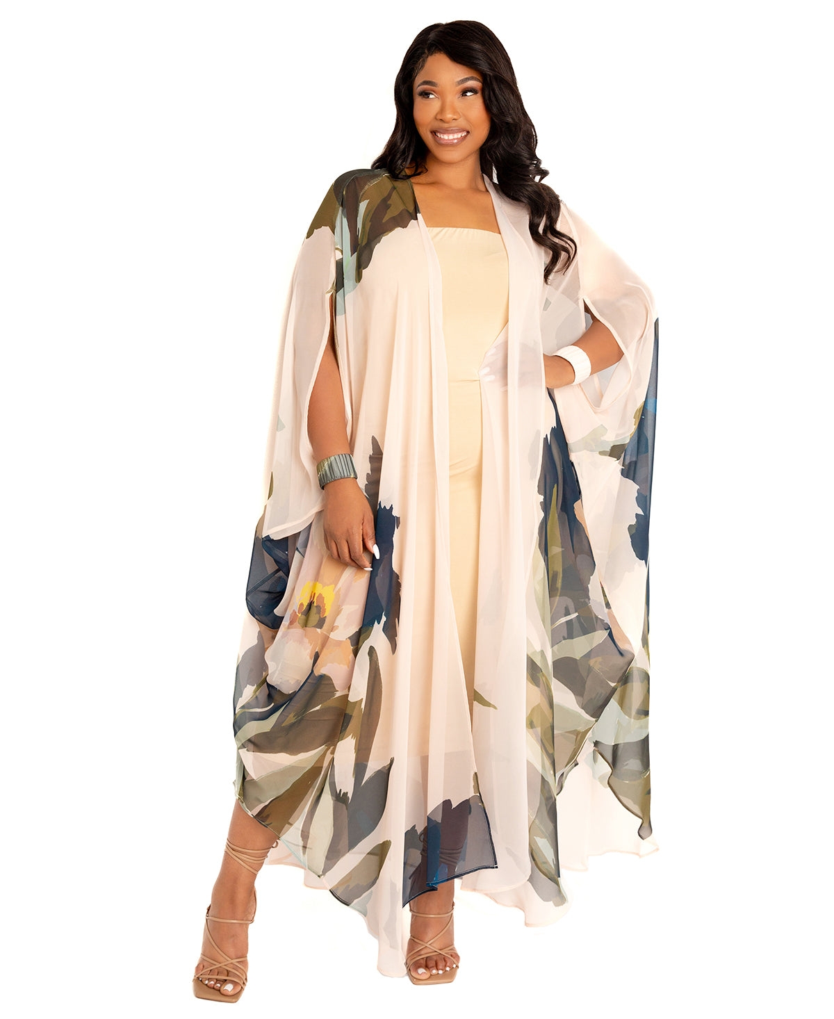 Plus Size Floral Robe with Wrist Band - Beige multi