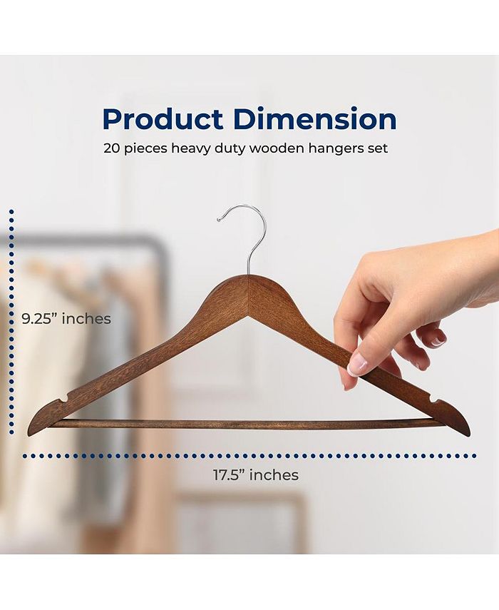 SereneLife 20 Pieces Wooden Hangers - Non-Slip, Sturdy, and Heavy Duty Suit Hanger Set with Chrome 360° Swivel Hook (Vintage) - Brown