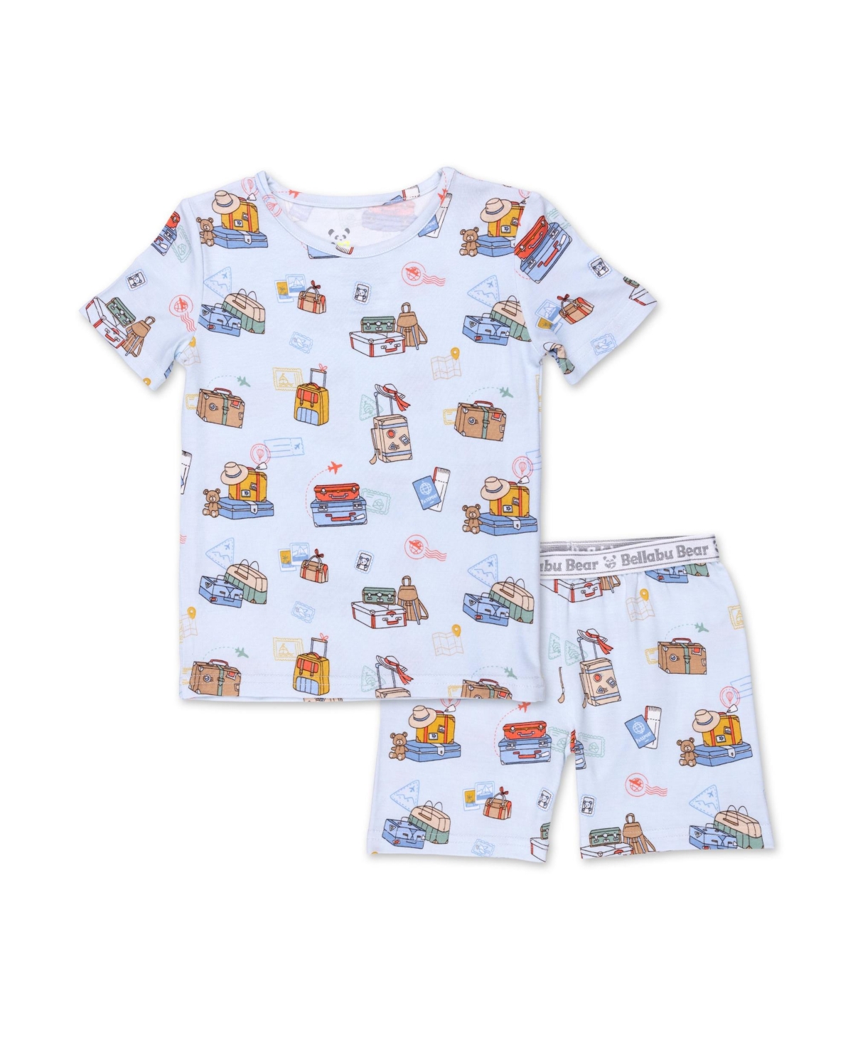 Bellabu Bear Vintage Suitcases Kids 2-piece Short Sleeve & Shorts Pajama Set In Blue