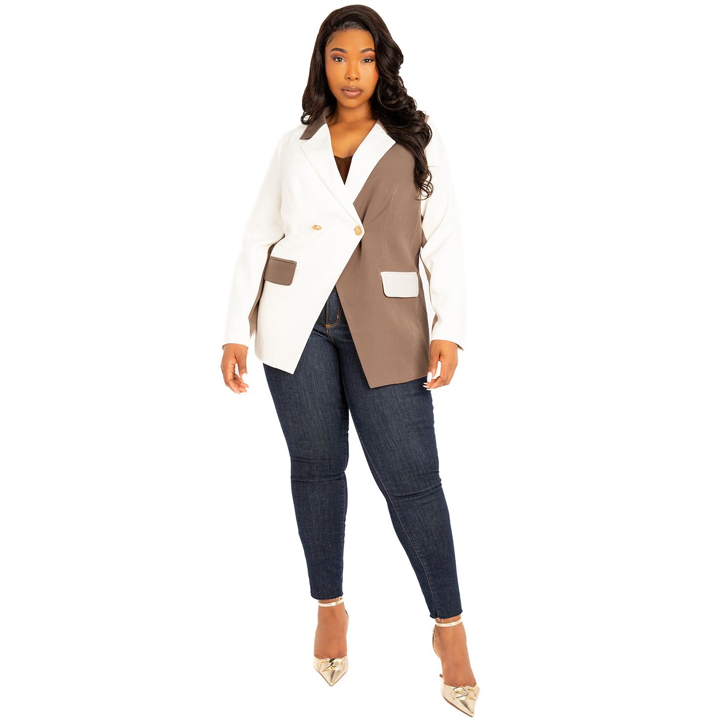 Женский пиджак Buxom Couture Plus Size Contrast Double Breasted Blazer, цвет: Хаки — фото 4