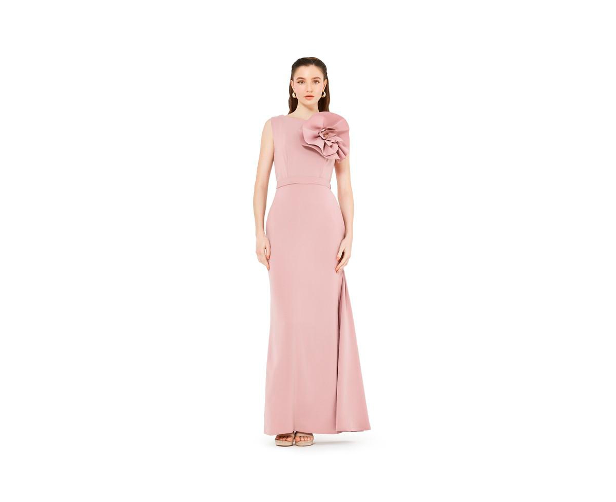 Floral Applique Crepe Column Gown - Salmon pink