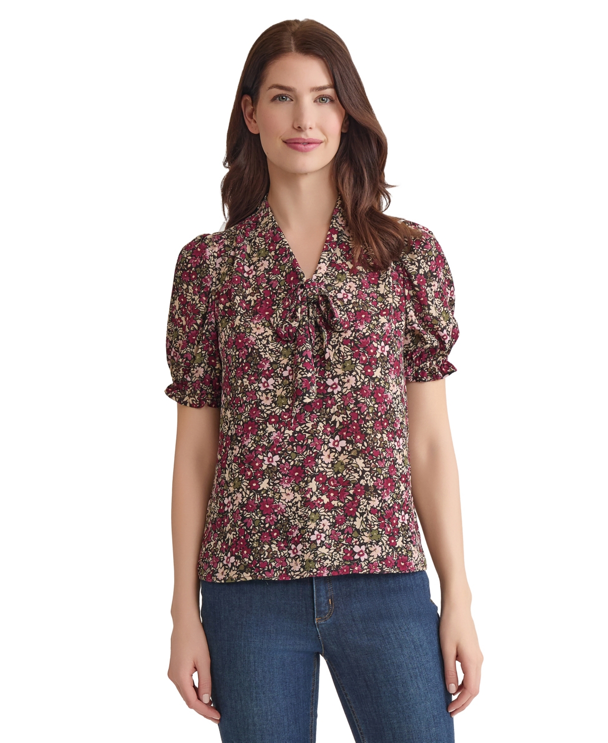 Jones New York Floral Tie Neck Puff Sleeve Top