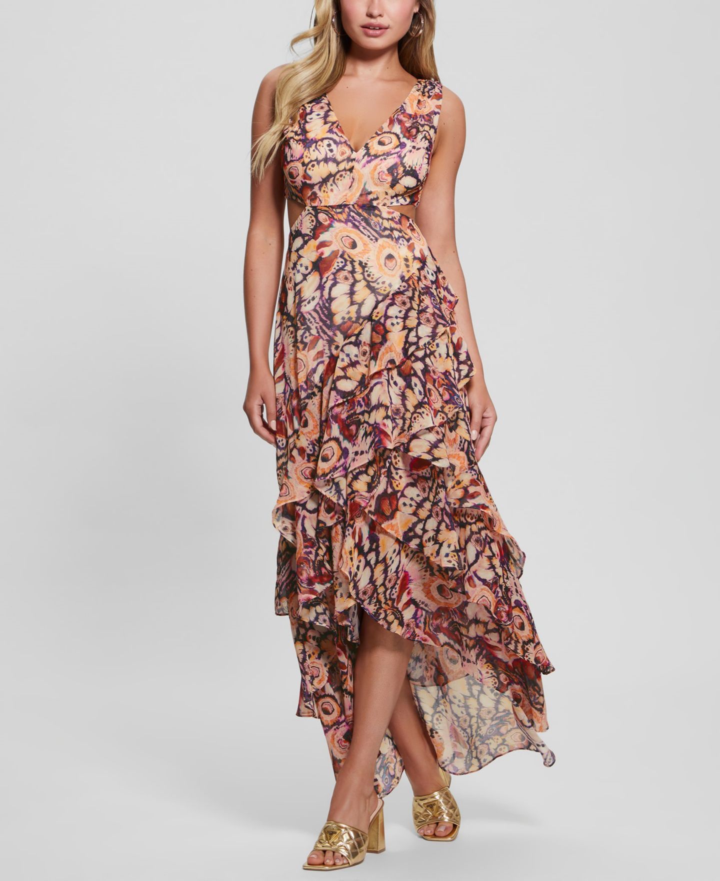 Женское платье GUESS Ruffled High-Low Chiffon Maxi, цвет: Разноцветный — фото 1