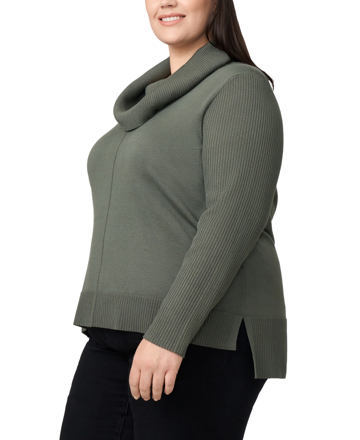 Melissa Paige Plus Size Cowlneck High-low Sweater In Green