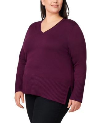 Plus Size Solid V-Neck High-Cuff Sweater