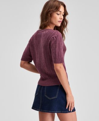 Petite Short Sleeve Crewneck Pointelle Cardigan Sweater