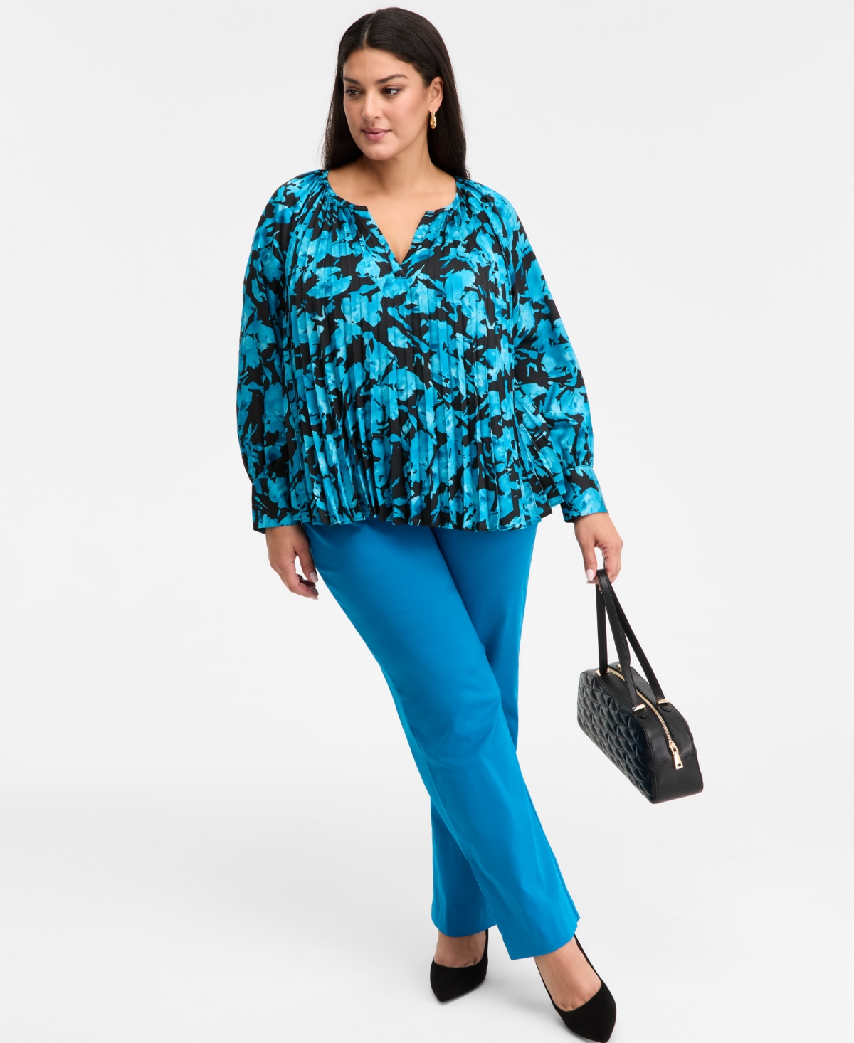 Inc International Concepts Plus Size Pleated Puff-sleeve Blouse, Macy's Exclusive In Multi