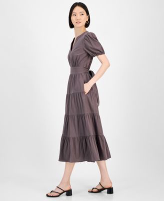 Women's Cotton Puff-Sleeve Tiered Midi Dress