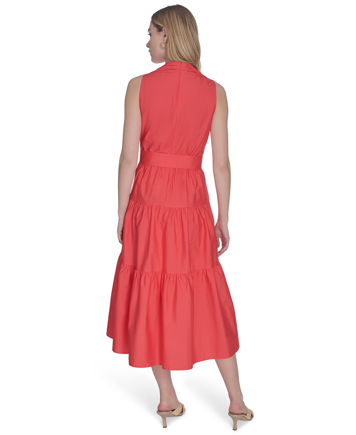Vince Camuto Petite Cotton Belted Sleeveless Tiered Midi Dress In Red