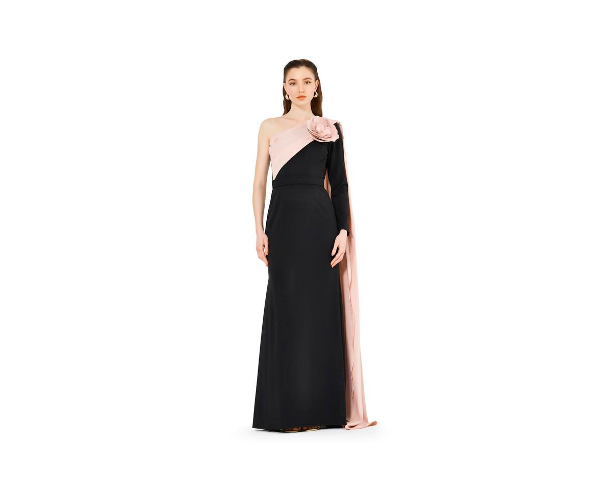Women's Single Shoulder Two Tone Gown with Floral Applique - Black