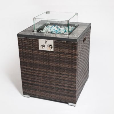 24 Inch Square Propane Fire Pit Table with Wicker Base and 50000 BTU Burner
