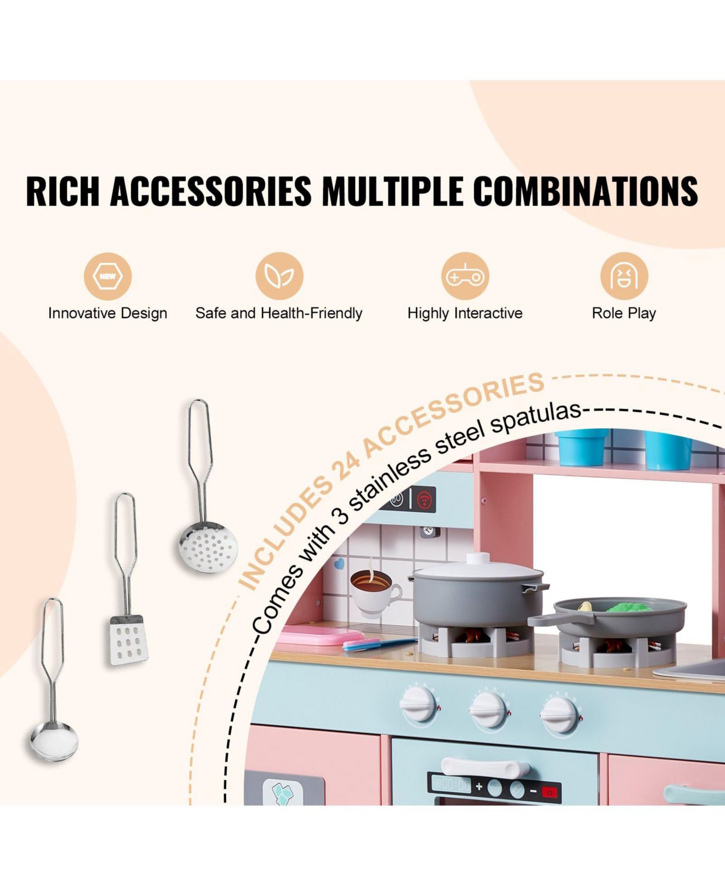 Детский игровой набор Slickblue Kids Kitchen Pretend Cooking 24-Piece Playset, от 3 лет, цвет: Розовый — фото 2