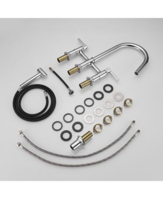 Double Handle 4-Holes Deck Mount Bridge Kitchen Faucet with Side Sprayer Sink Faucet