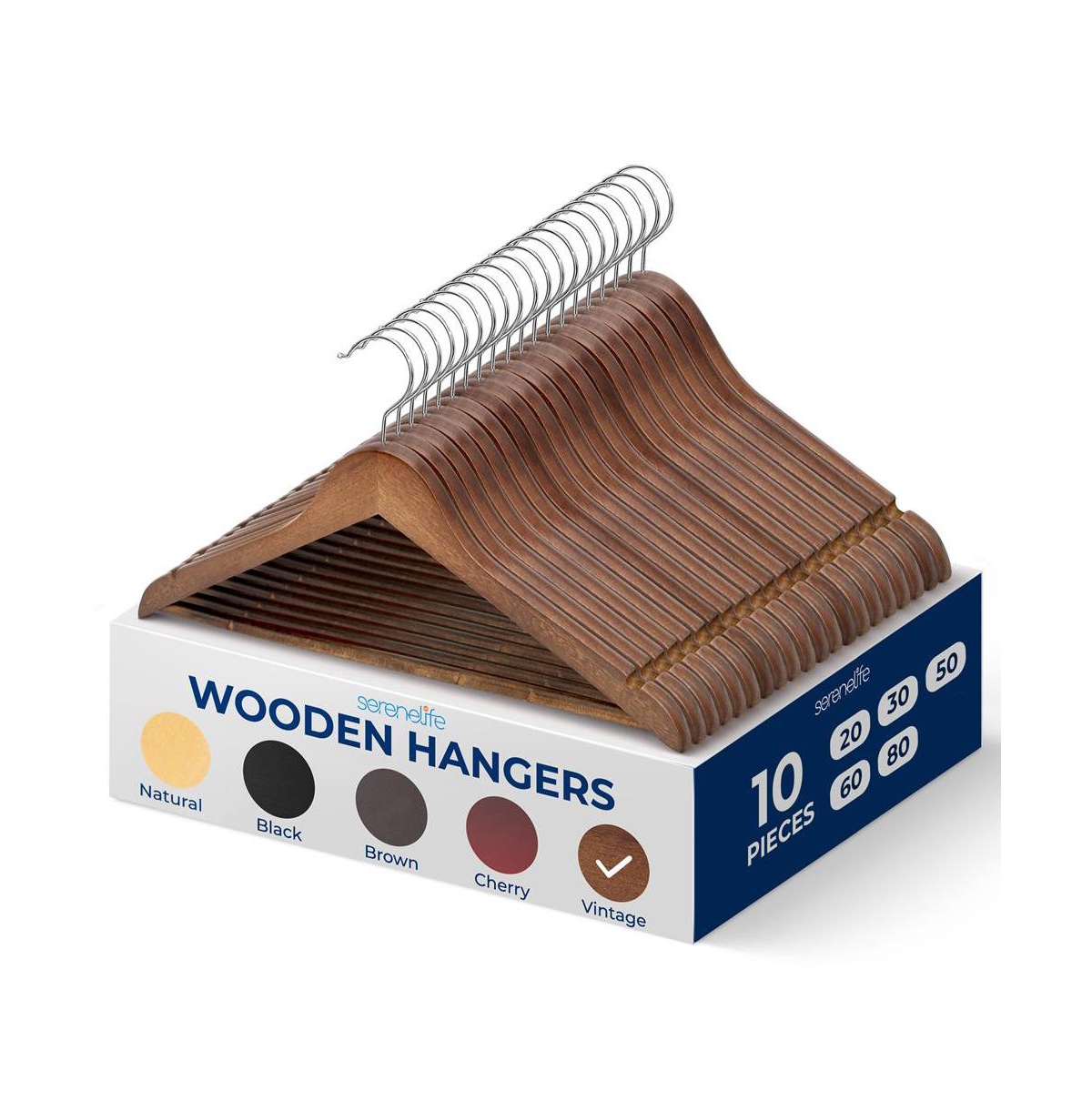 10 Pcs. Wooden Hangers - Non-Slip, Sturdy, and Heavy Duty Suit Hanger Set with Chrome 360&#xB0; Swivel Hook (Vintage) - Brown