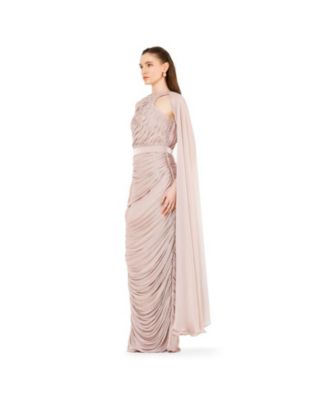 Asymmetric Cutout Ruched Dress With Single Cape Sleeve