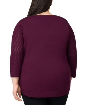 Plus Size Pointelle-Yoke 3/4-Sleeve Sweater