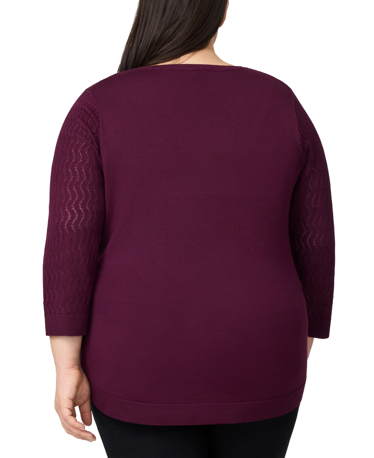Melissa Paige Plus Size Pointelle-yoke 3/4-sleeve Sweater In Red