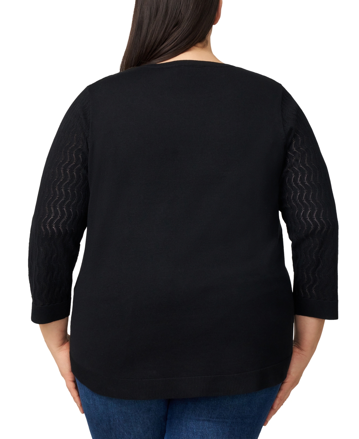 Melissa Paige Plus Size Pointelle-yoke 3/4-sleeve Sweater In Black
