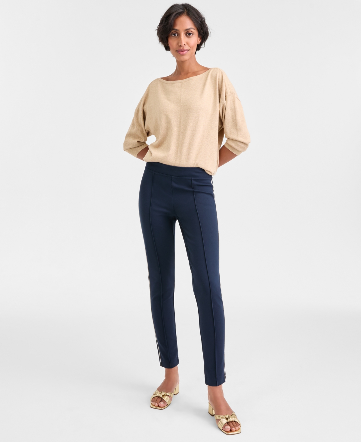 Tommy Hilfiger Women's Striped-trim Seamed Pull-on Pants In Blue