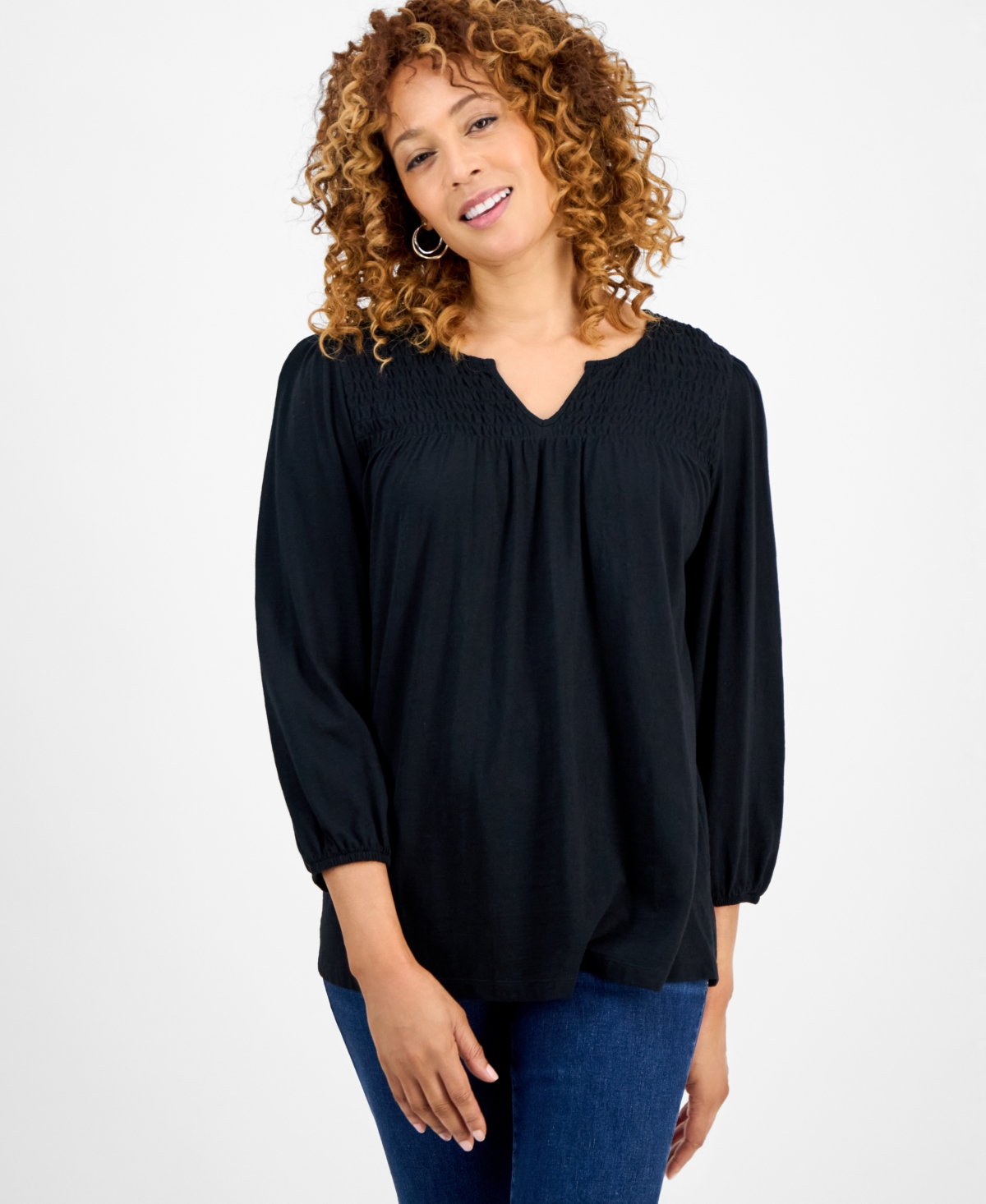 Women's Smocked Knit 3/4-Sleeve Top, Exclusively at Macy's - Deep Cobalt