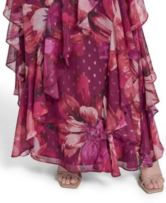 Petite Printed Chiffon Ruffled-Skirt Halter Gown