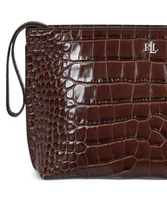 Crocodile-Embossed Leather Zipper Pouch