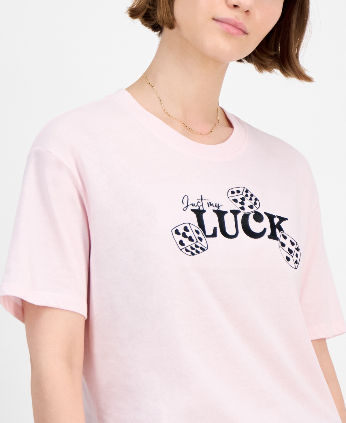 Rebellious One Juniors' Cropped Embroidered Luck T-shirt In Pink