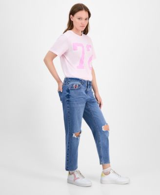 Juniors' Cropped Straight Destructed Mid-Rise Jeans